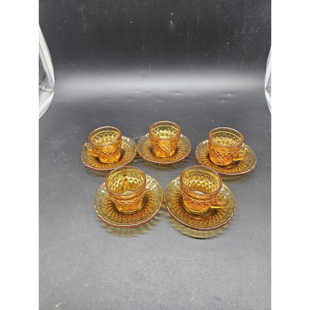 Lot Of 5 Amber Diamond Point Espresso Cups